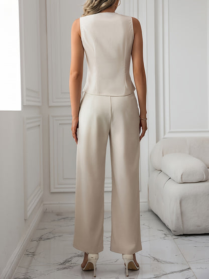 Elegant Apricot Wide Leg Set for Women with V Neck Sleeveless Button Front Two Piece Style