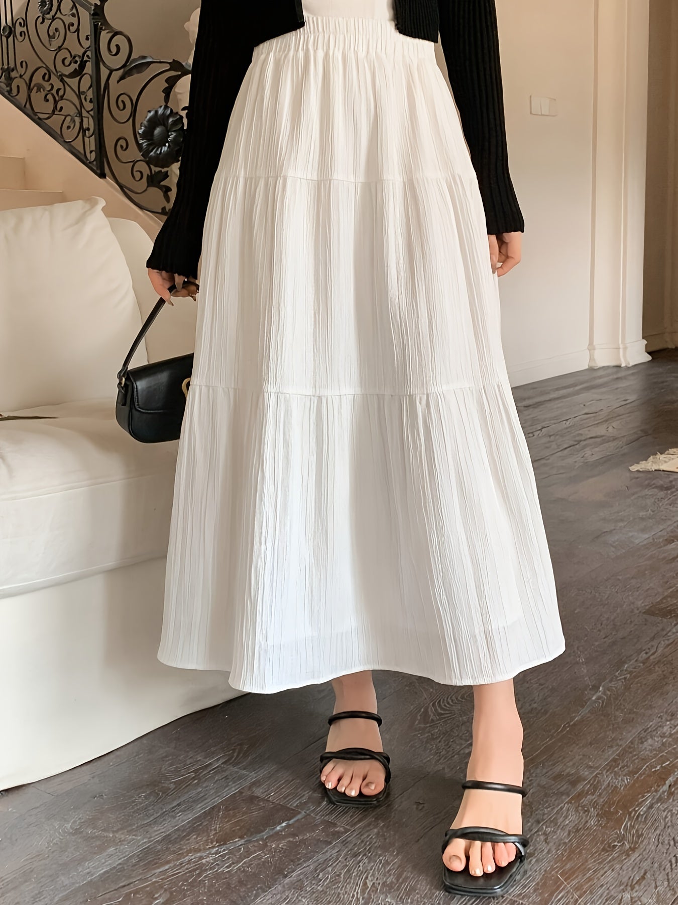 Elegant White Tiered Maxi Skirt for Women with High Waist Textured A Line Flowing Style