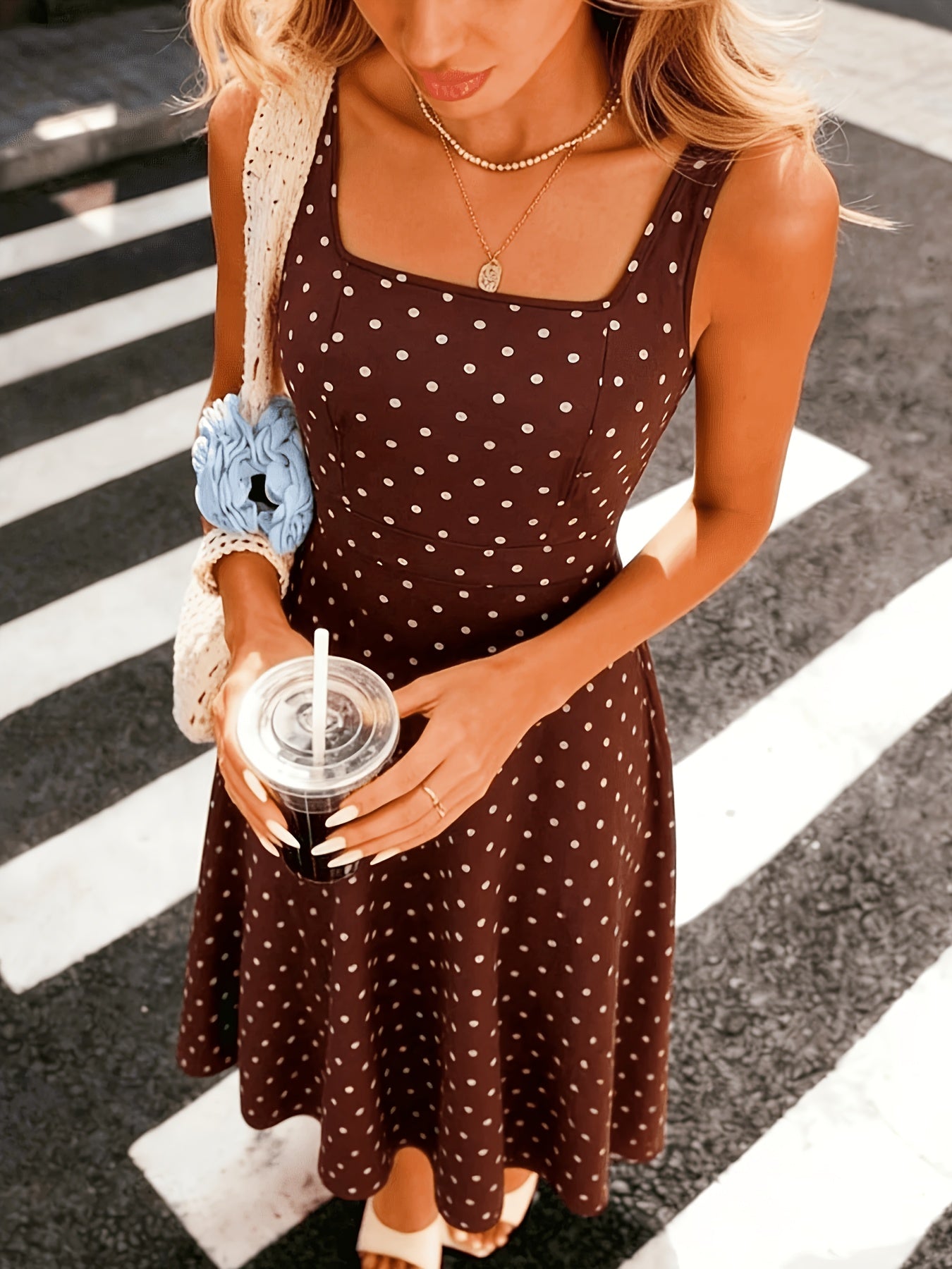 Elegant Polka Dot Midi Dress for Women with Square Neck Sleeveless A Line Flowing Casual Style