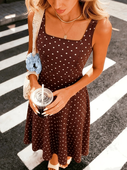 Elegant Polka Dot Midi Dress for Women with Square Neck Sleeveless A Line Flowing Casual Style