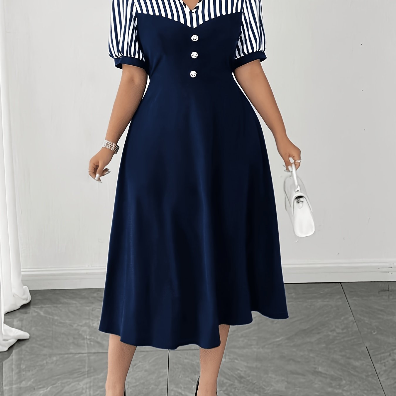 Elegant Navy Striped Midi Dress for Women with Collar Short Sleeve Button Front A Line Style