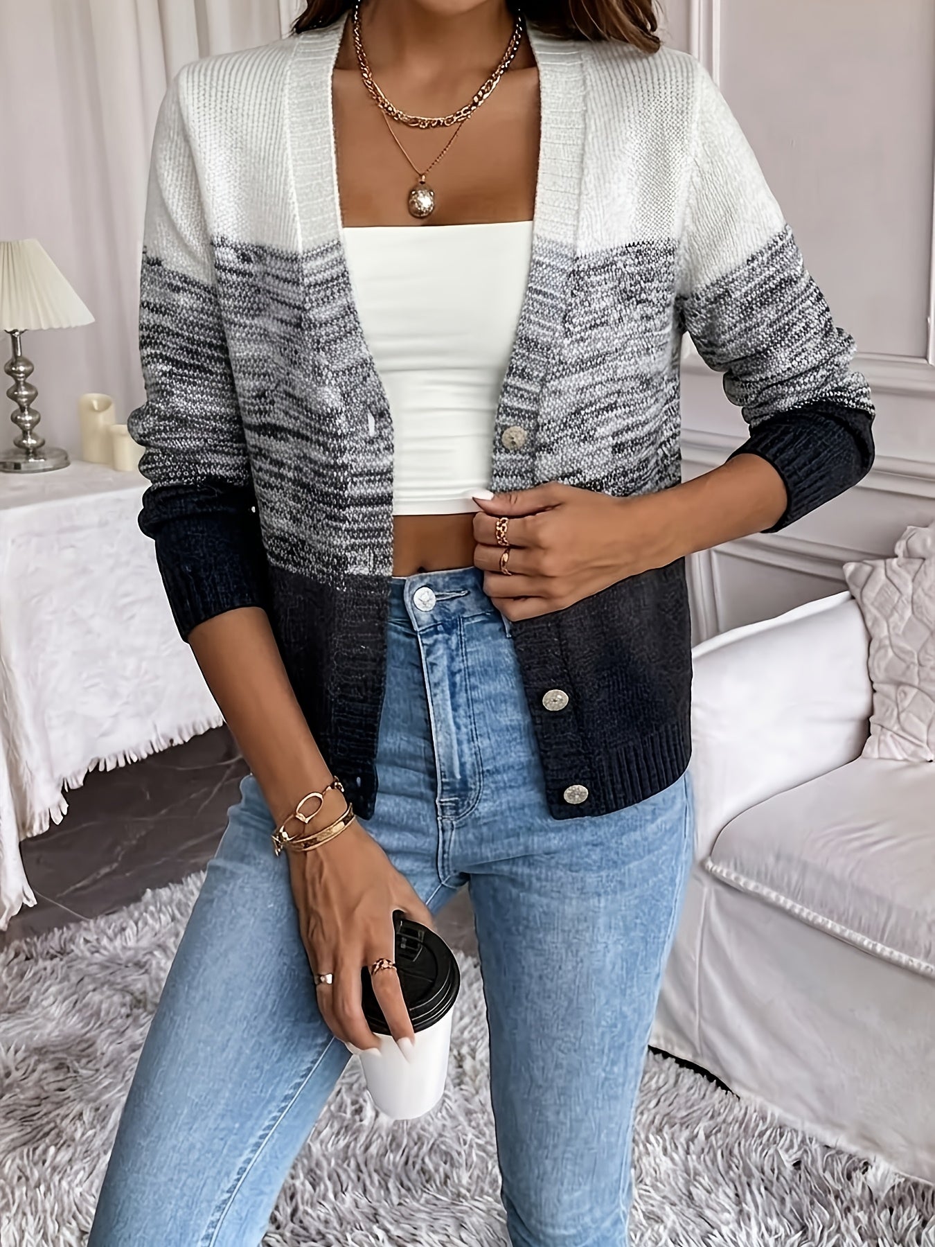 Comfortable Space Dye Cardigan Sweater for Women with V Neck Long Sleeve Button Front Relaxed Knit Style