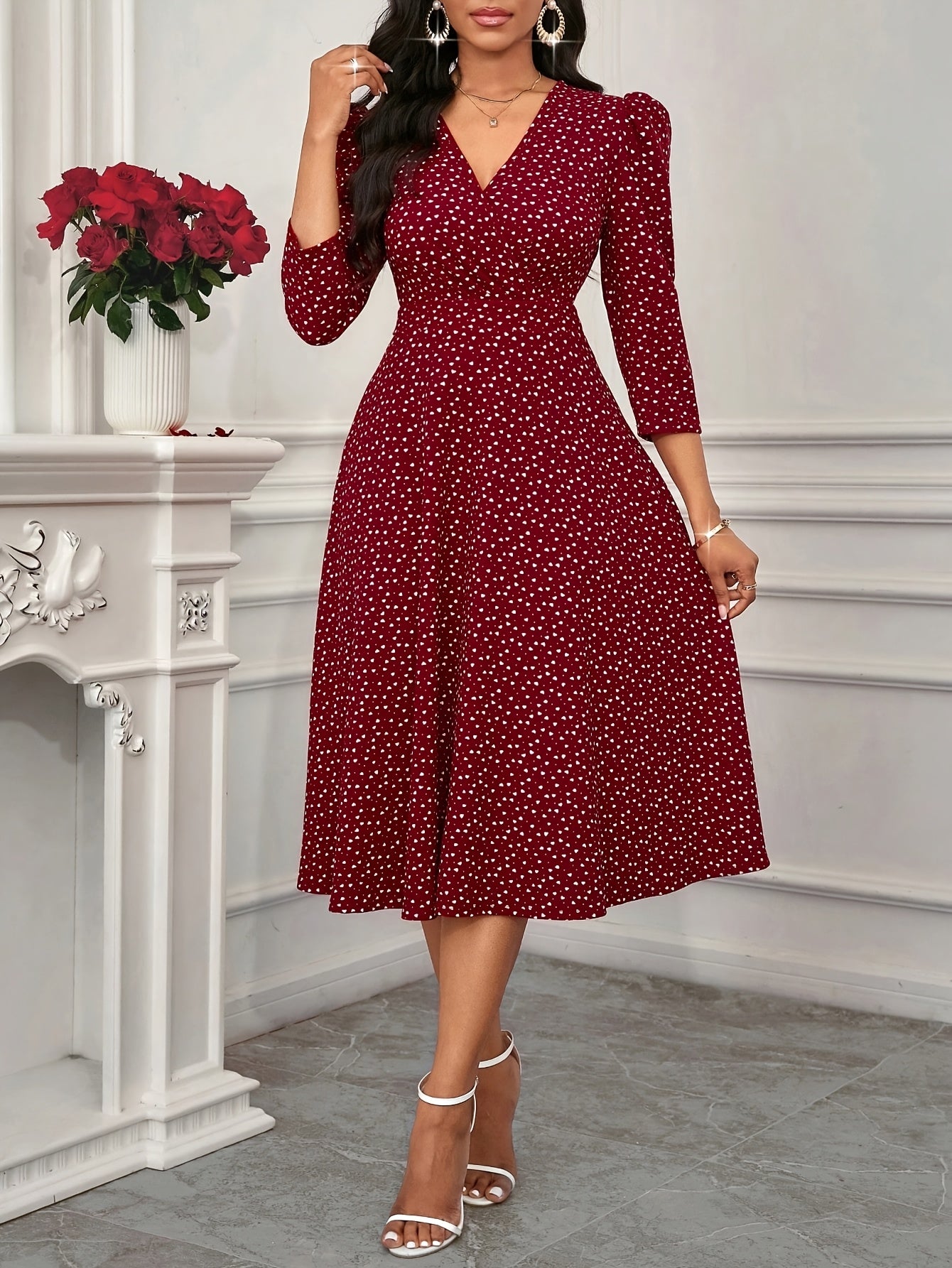 Elegant Polka Dot Midi Dress for Women with V Neck Puff Sleeve Fit and Flare Cocktail Style