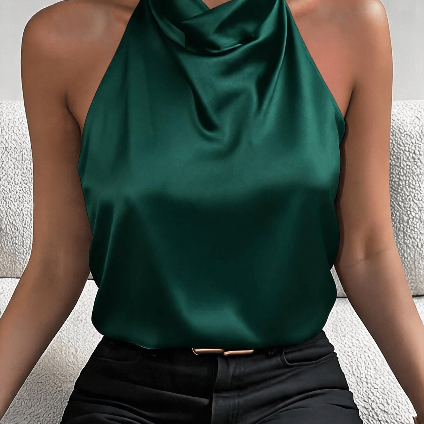 Elegant Satin Halter Top for Women with Cowl Neck Sleeveless Draped Silky Style