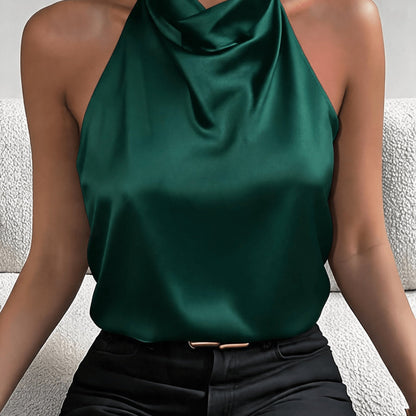 Elegant Satin Halter Top for Women with Cowl Neck Sleeveless Draped Silky Style