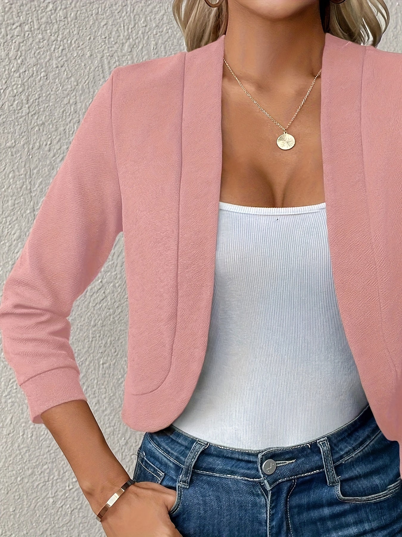 Effortless Cropped Knit Jacket for Women with Open Front Elbow Sleeve Relaxed Casual Style