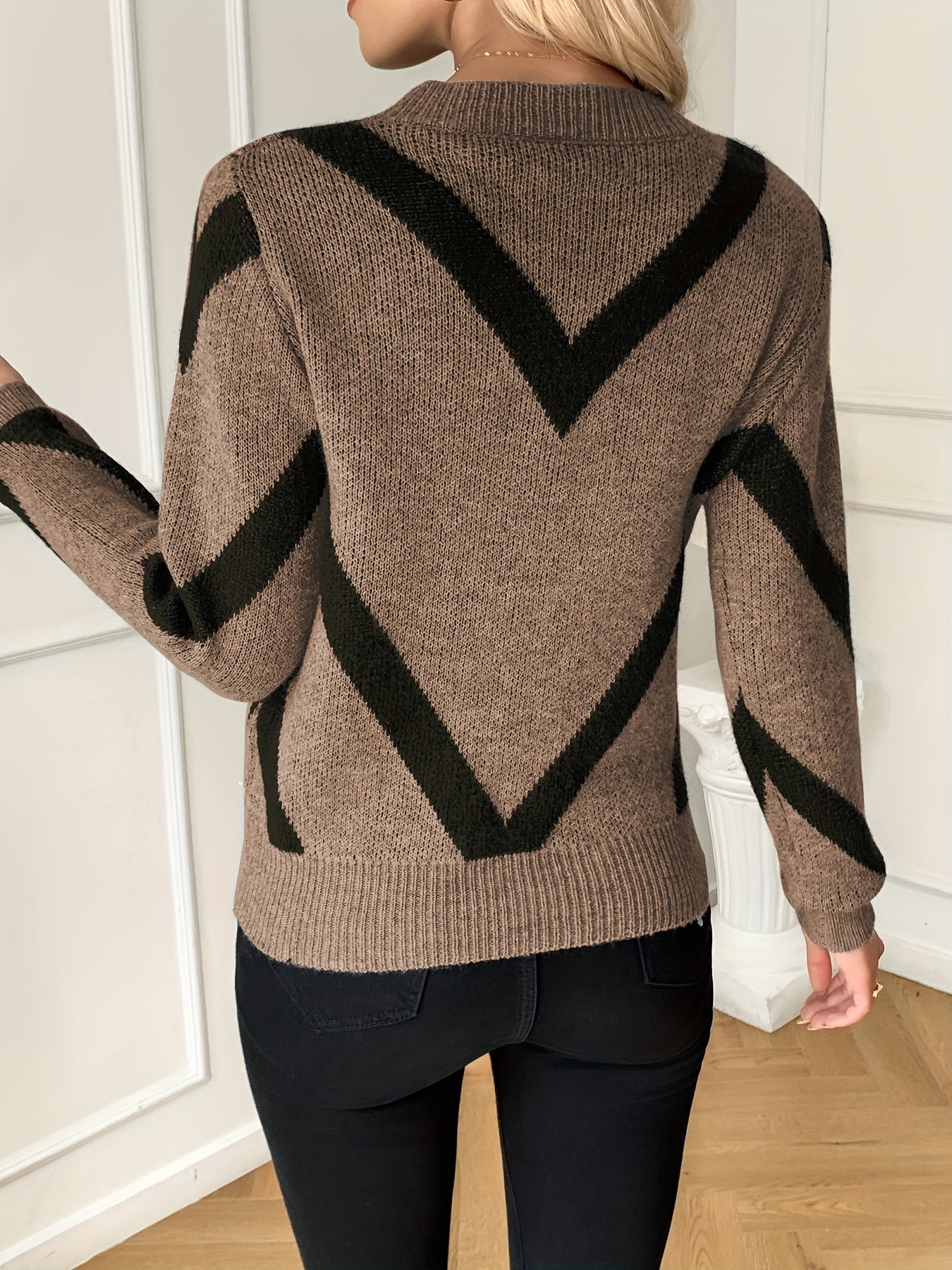 Comfortable Coffee Brown Chevron Sweater for Women with Crew Neck Long Sleeve Relaxed Oversized Knit Style