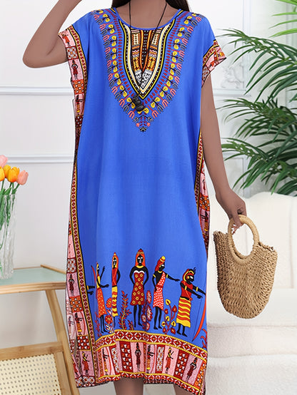 Effortless Tribal Print Kaftan Dress for Women with V Neck Short Sleeve Embroidered Flowing Bohemian Style