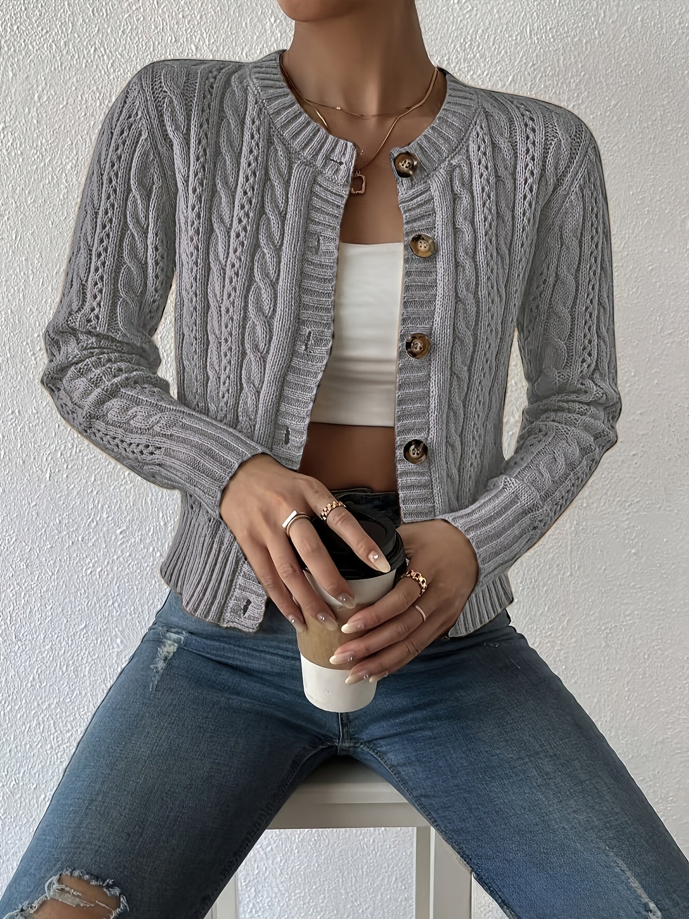 Comfortable Cable Knit Cardigan for Women with Crew Neck Long Sleeve Button Front Cropped Casual Style