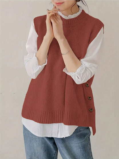 Comfortable Knit Sweater Vest for Women with Mock Neck Sleeveless Side Button Relaxed Style