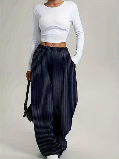Effortless Navy Pinstripe Wide Leg Trousers for Women with High Waist Pleated Relaxed Flowing Style