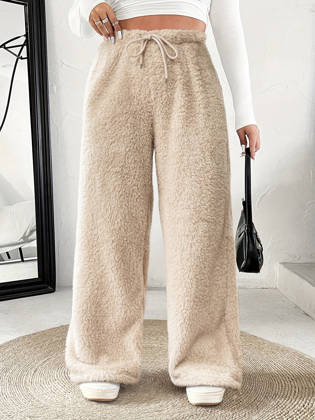Comfortable Sherpa Wide Leg Pants for Women with High Waist Drawstring Relaxed Flowing Casual Style