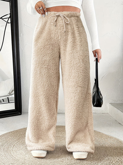 Comfortable Sherpa Wide Leg Pants for Women with High Waist Drawstring Relaxed Flowing Casual Style