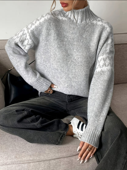 Comfortable Grey Jacquard Sweater for Women with High Neck Long Sleeve Relaxed Oversized Knit Style