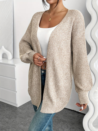 Comfortable Light Yellow Ribbed Knit Cardigan for Women with Open Front Balloon Sleeve Oversized Relaxed Style