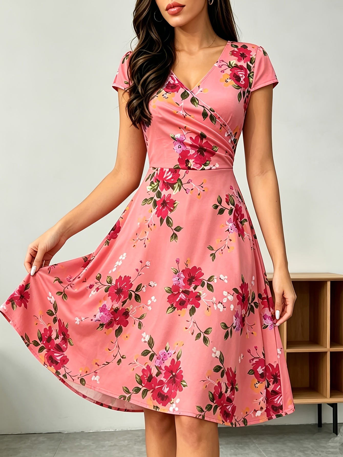 Elegant Floral Midi Dress for Women with V Neck Short Sleeve Wrap Fit and Flare Style