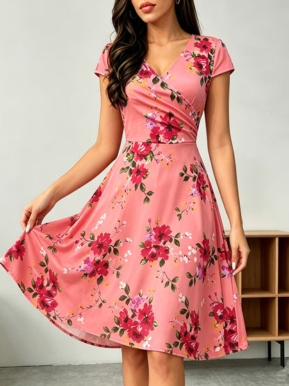 Elegant Floral Midi Dress for Women with V Neck Short Sleeve Wrap Fit and Flare Style
