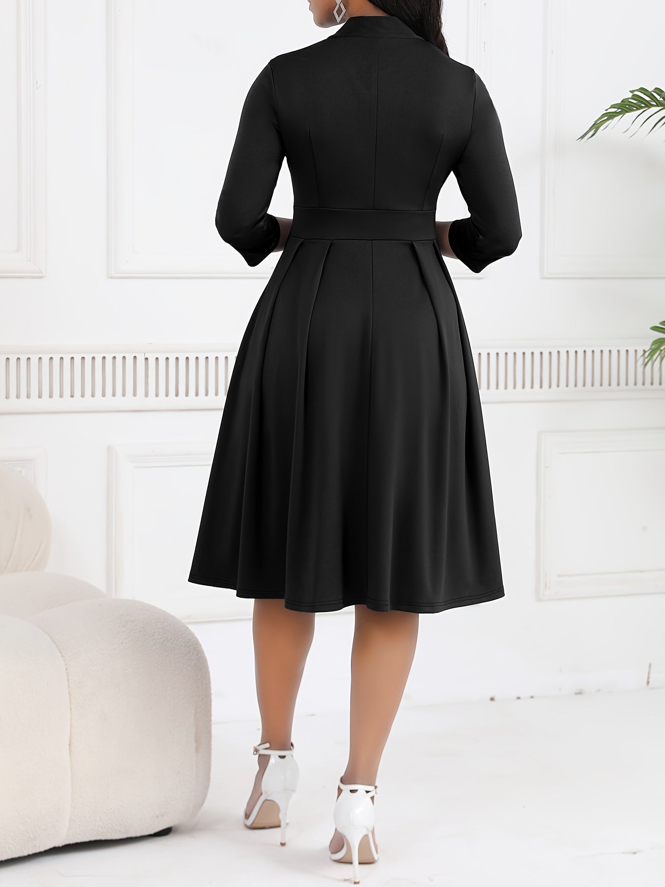 Elegant Knit Midi Dress for Women with Tie Neck Elbow Sleeve Pleated Fit and Flare Style