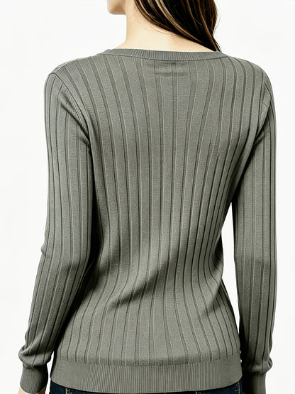 Comfortable Ribbed Knit Sweater for Women with V Neck Long Sleeve Relaxed Casual Style