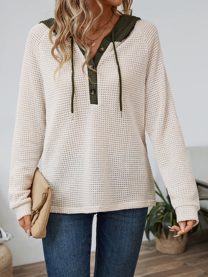 Comfortable Waffle Knit Henley Top for Women with Hooded Drawstring Long Sleeve Oversized Knit Style