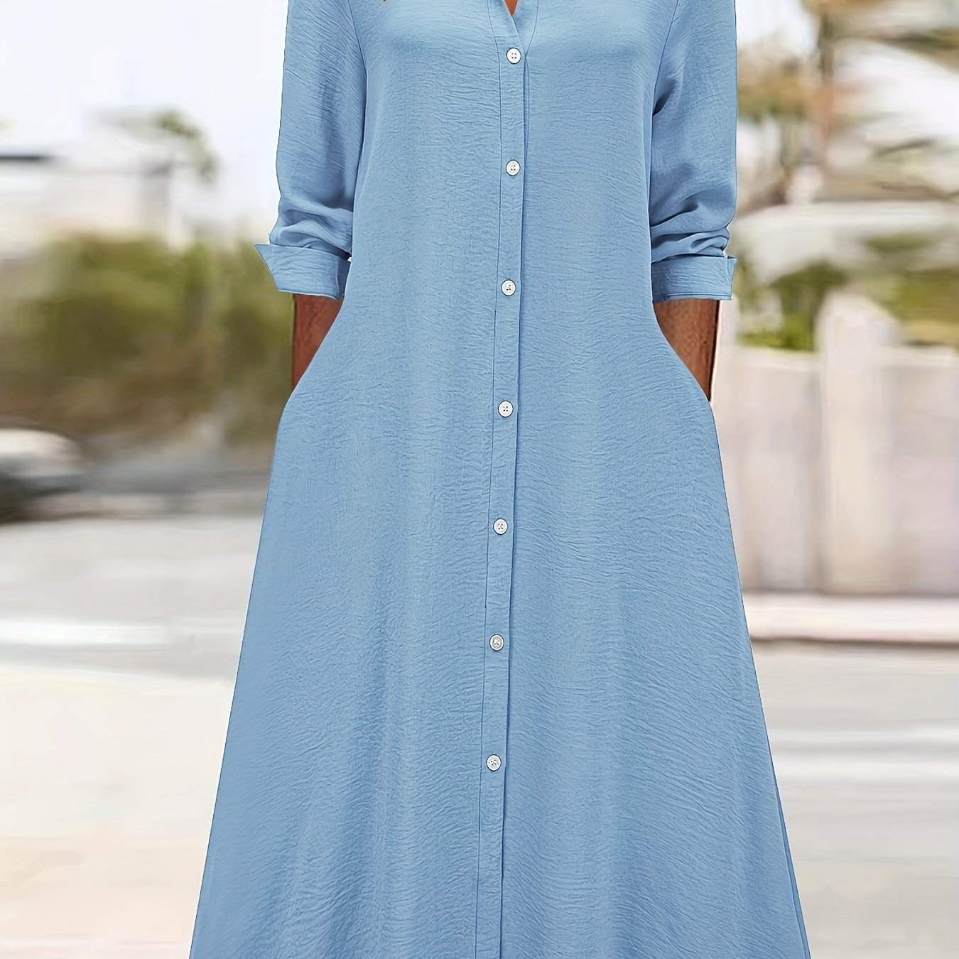 Effortless Linen Shirt Dress for Women with Collar V Neck Long Sleeve Button Front Flowing Style