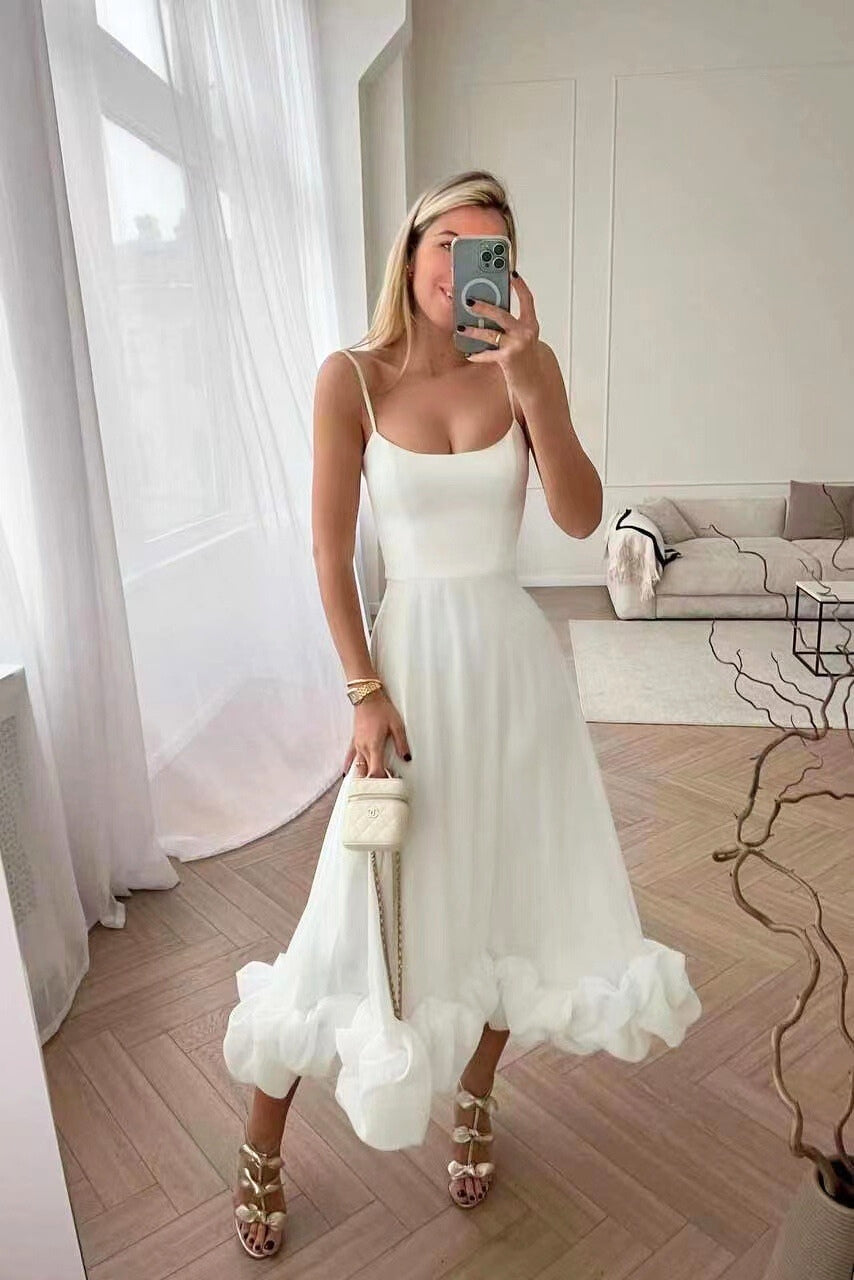 Amorette | Women's Spaghetti Strap Ruffle Hem Midi Dress
