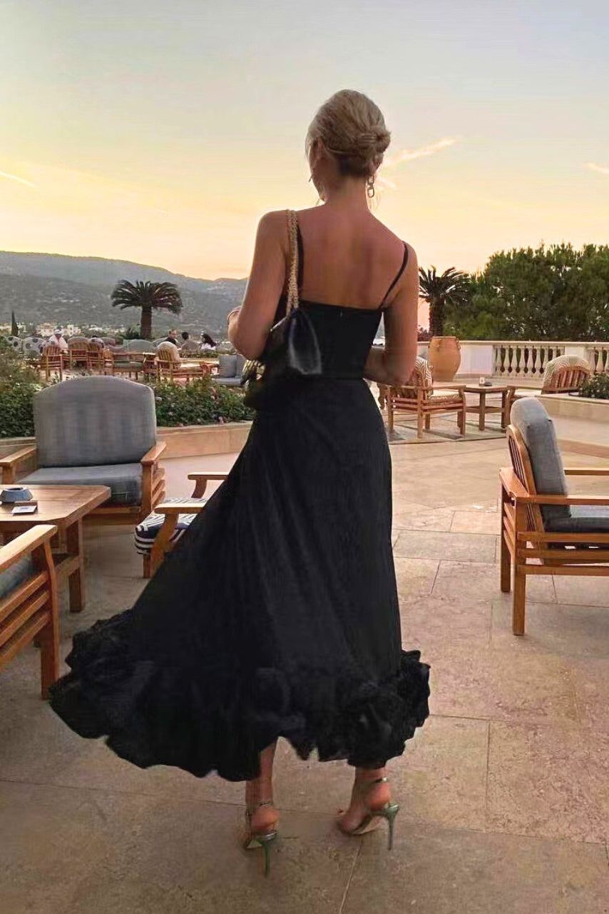 Amorette | Women's Spaghetti Strap Ruffle Hem Midi Dress