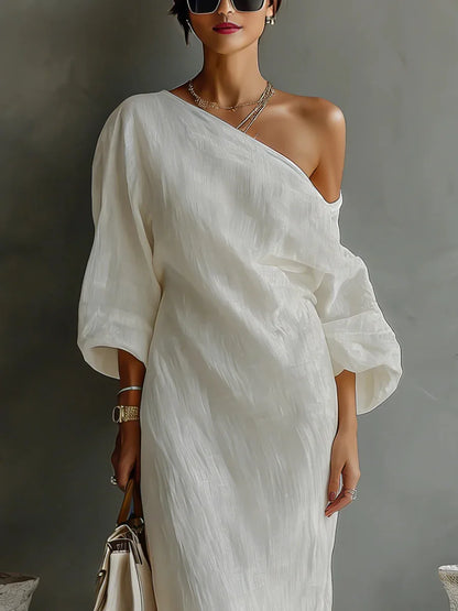 Elegant Linen Maxi Dress for Women with One Shoulder Bell Sleeve Draped Flowing Style
