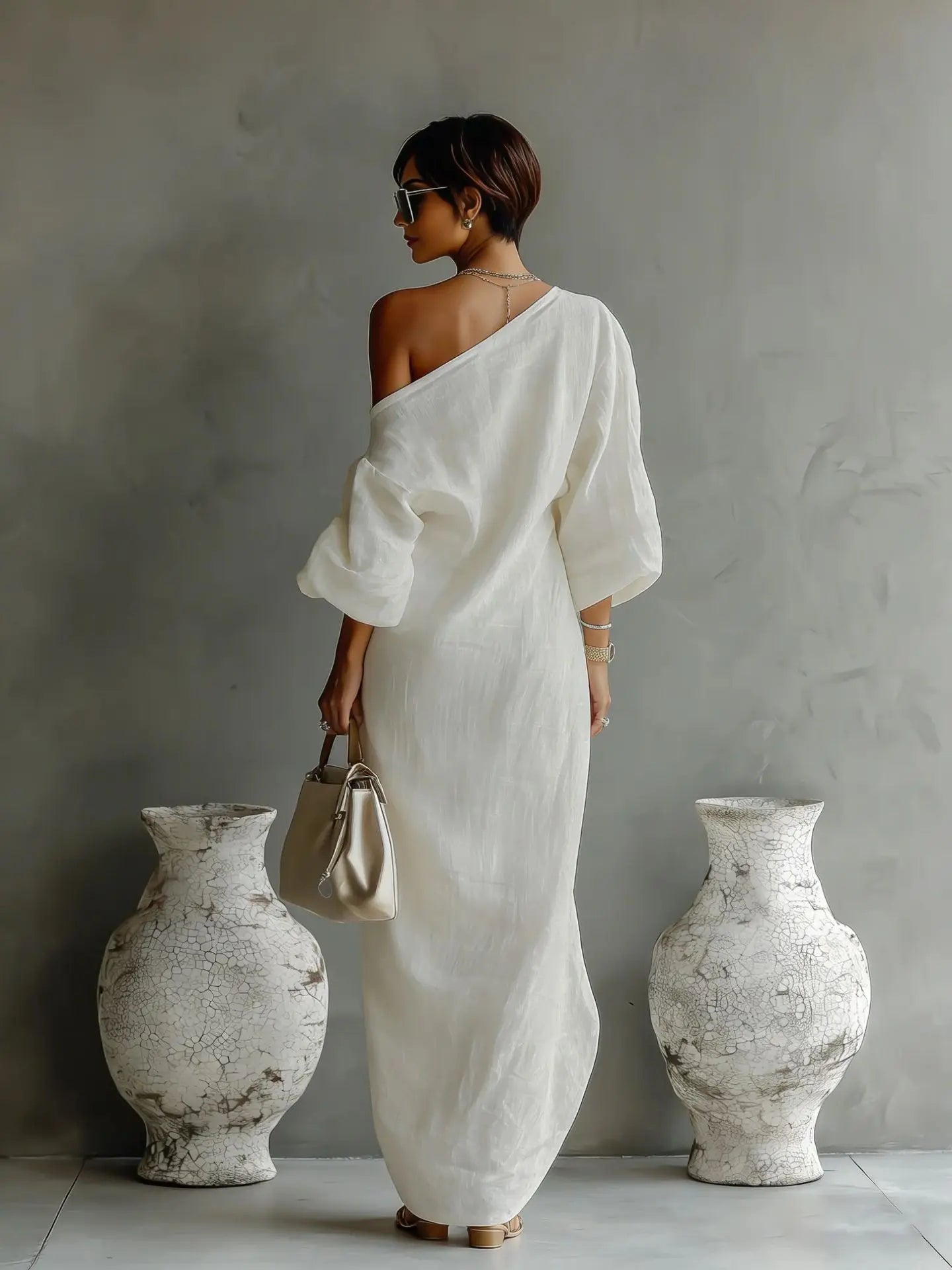 Elegant Linen Maxi Dress for Women with One Shoulder Bell Sleeve Draped Flowing Style