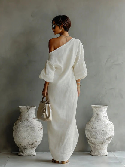Elegant Linen Maxi Dress for Women with One Shoulder Bell Sleeve Draped Flowing Style