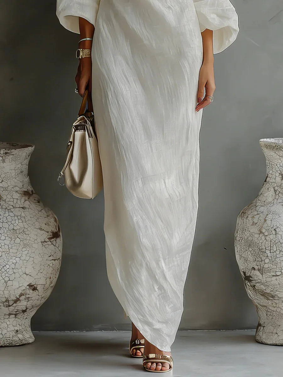 Elegant Linen Maxi Dress for Women with One Shoulder Bell Sleeve Draped Flowing Style