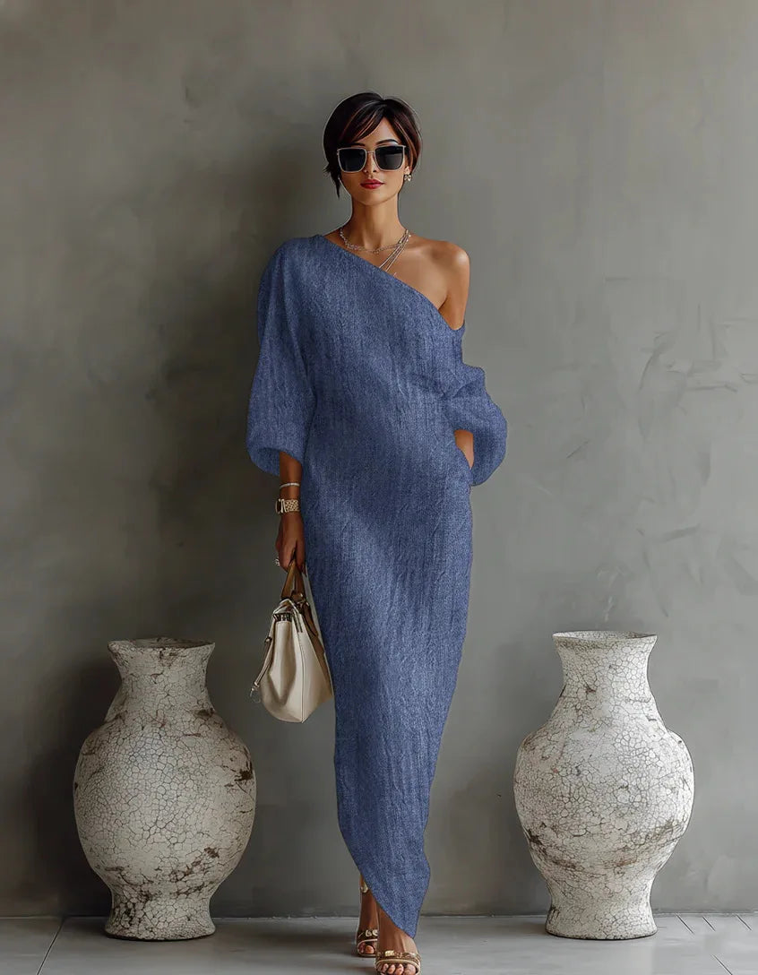 Elegant Linen Maxi Dress for Women with One Shoulder Bell Sleeve Draped Flowing Style