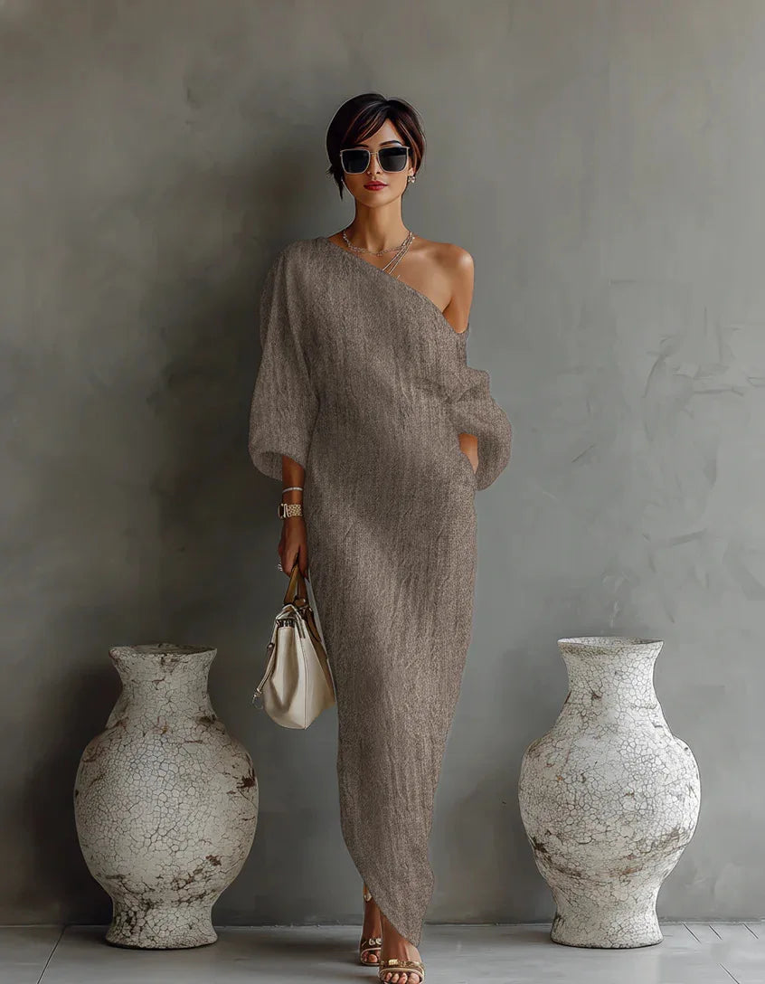 Elegant Linen Maxi Dress for Women with One Shoulder Bell Sleeve Draped Flowing Style