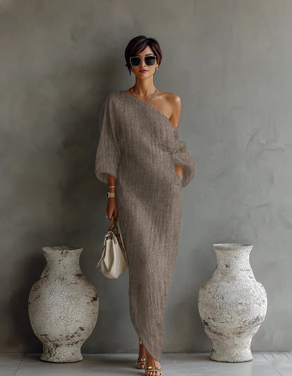 Elegant Linen Maxi Dress for Women with One Shoulder Bell Sleeve Draped Flowing Style