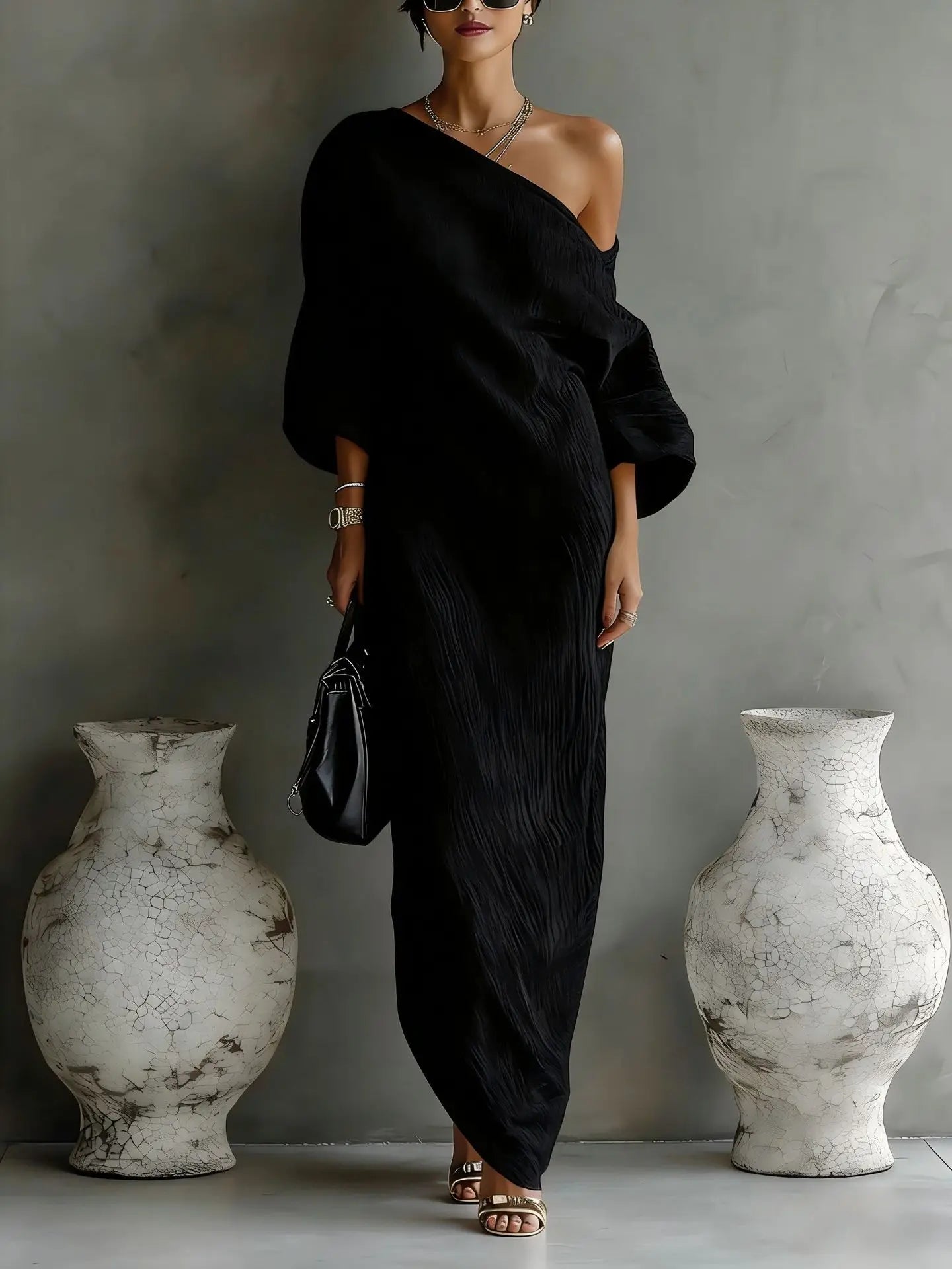 Elegant Linen Maxi Dress for Women with One Shoulder Bell Sleeve Draped Flowing Style