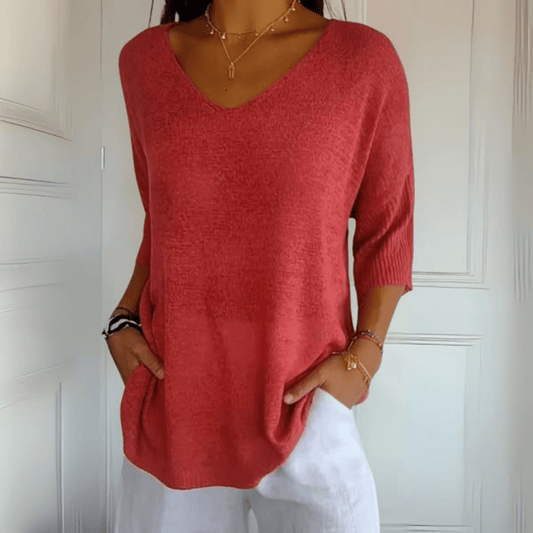 Comfortable Tunic for Women with V Neck Elbow Sleeve Relaxed Oversized Knit Style