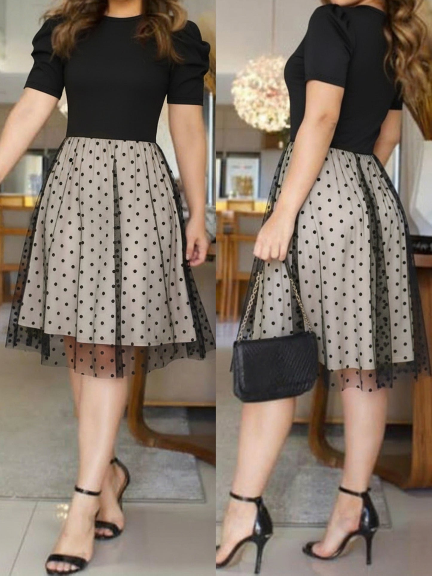 Elegant Black Polka Dot Midi Dress for Women with Round Neck Short Sleeve Mesh Overlay Cocktail Style