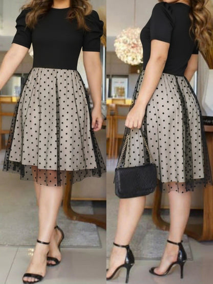 Elegant Black Polka Dot Midi Dress for Women with Round Neck Short Sleeve Mesh Overlay Cocktail Style