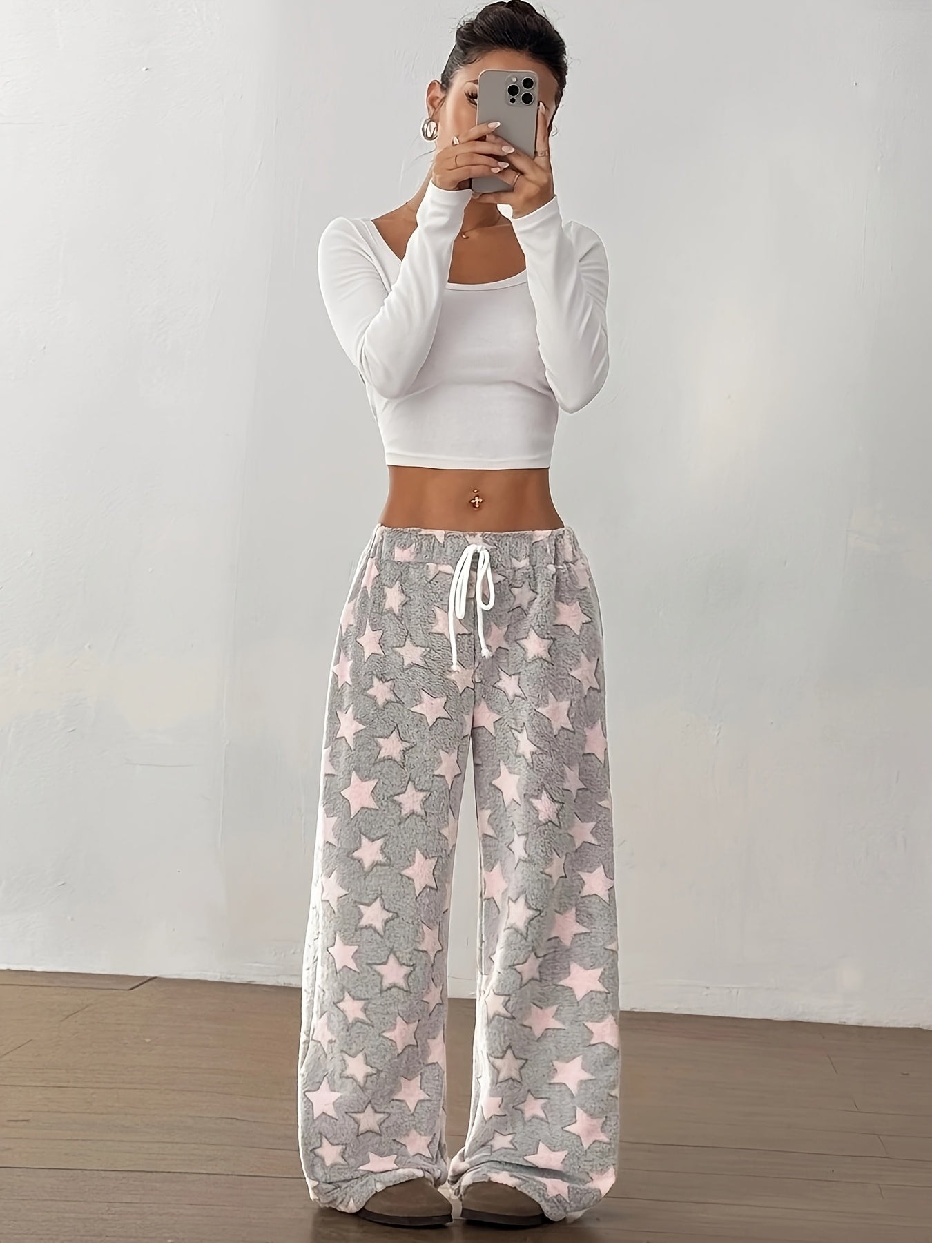 Comfortable Grey Star Print Fleece Pajama Pants for Women with High Waist Drawstring Wide Leg Cozy Style