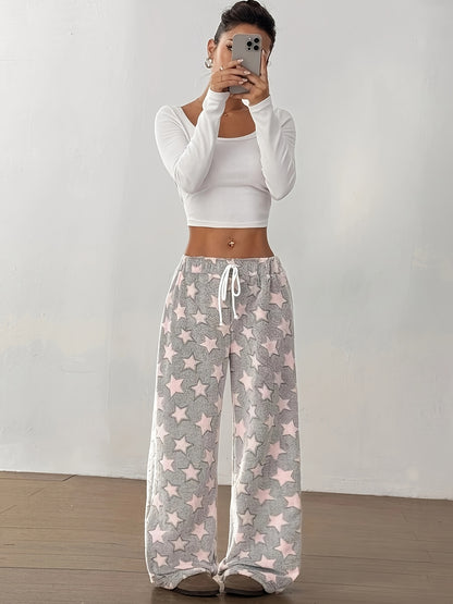 Comfortable Grey Star Print Fleece Pajama Pants for Women with High Waist Drawstring Wide Leg Cozy Style