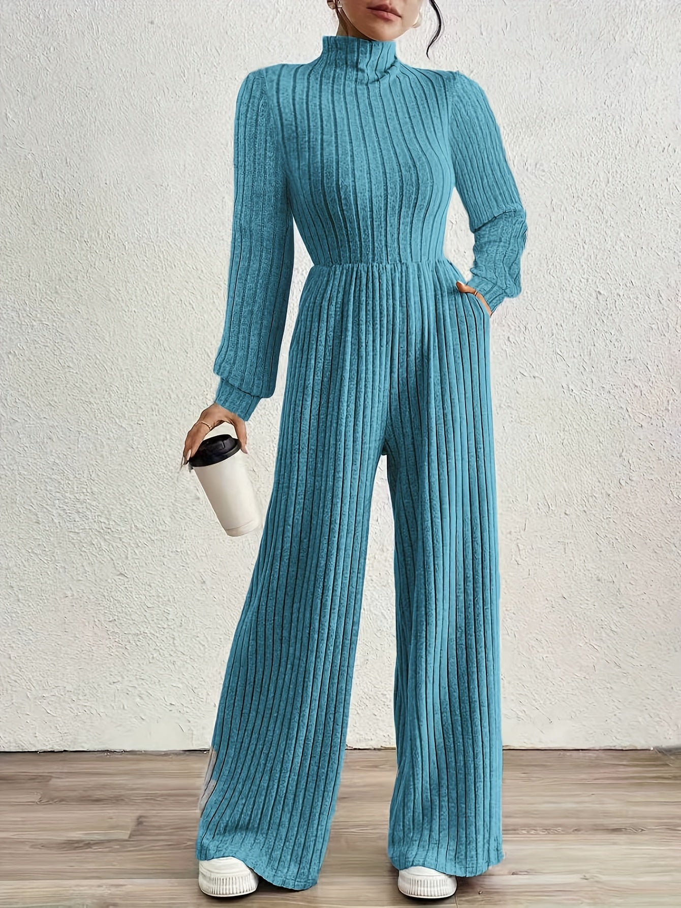 Effortless Ribbed Knit Jumpsuit for Women with Mock Neck Long Sleeve Wide Leg Relaxed Style