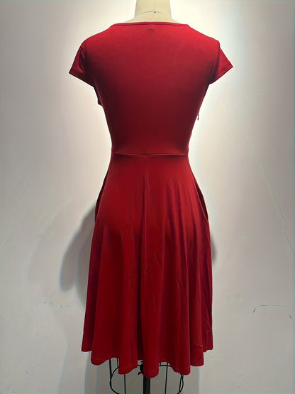 Elegant Wrap Midi Dress for Women with V Neck Cap Sleeve Fit and Flare Cocktail Style