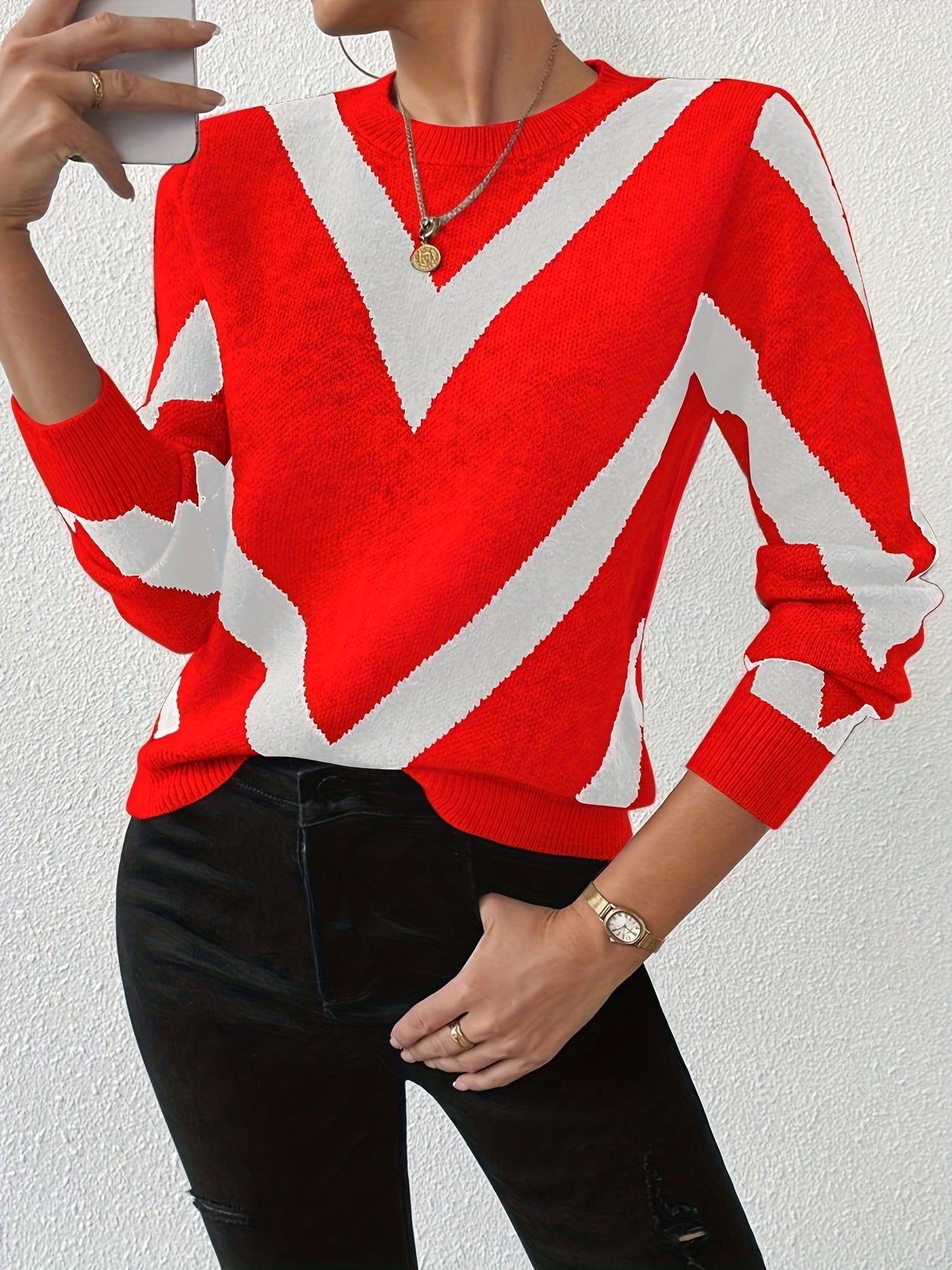 Comfortable Coffee Brown Chevron Sweater for Women with Crew Neck Long Sleeve Relaxed Oversized Knit Style