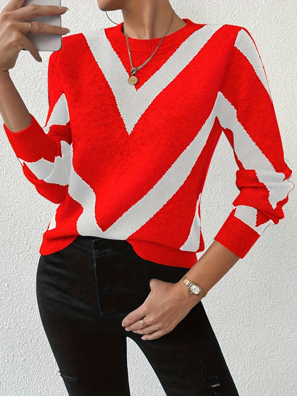 Comfortable Coffee Brown Chevron Sweater for Women with Crew Neck Long Sleeve Relaxed Oversized Knit Style
