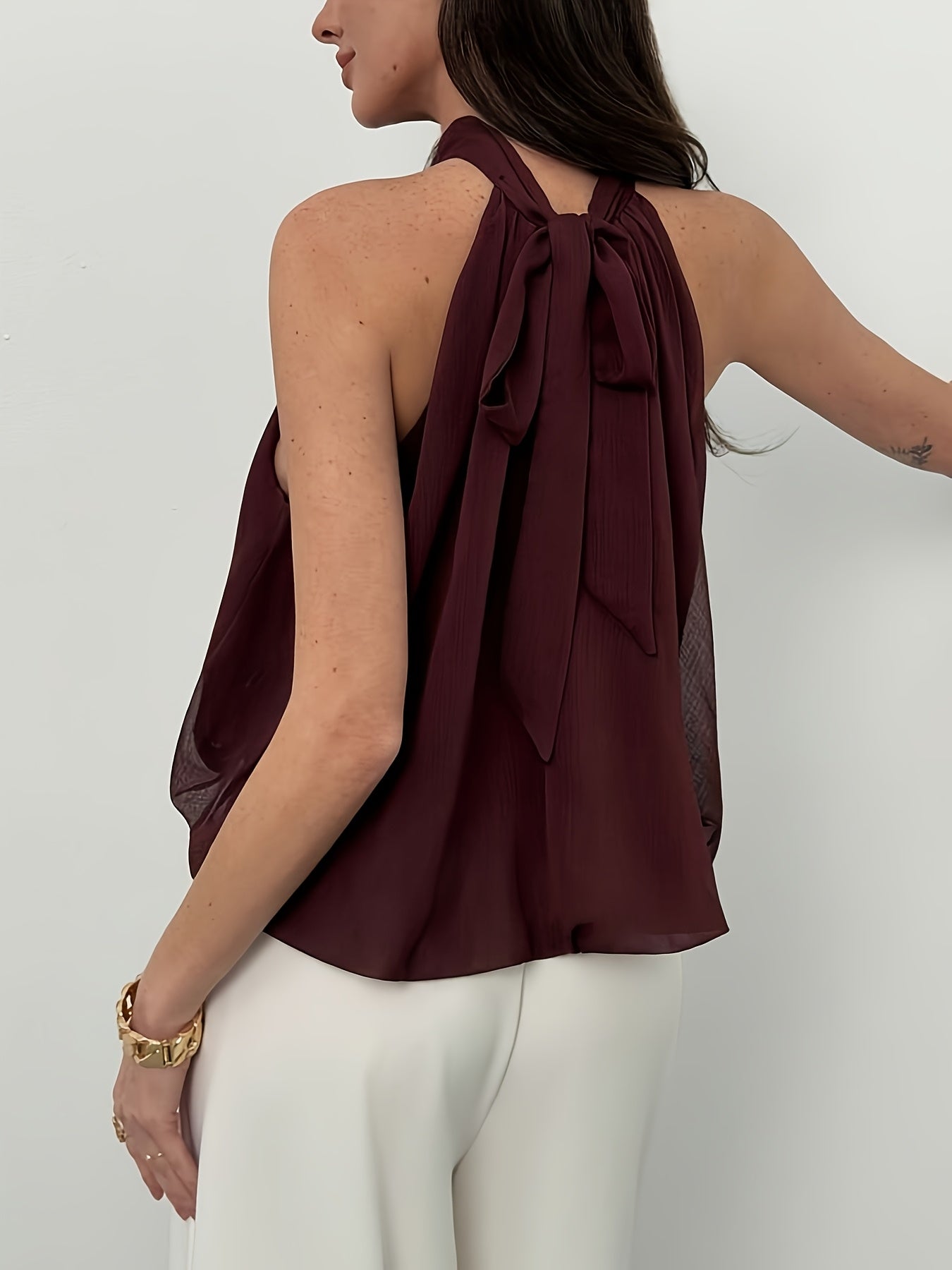 Elegant Burgundy Chiffon Halter Top for Women with Tie Neck Sleeveless Flowing Relaxed Style