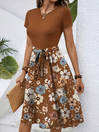 Effortless Floral Midi Dress for Women with Round Neck Short Sleeve Tie Waist A Line Style
