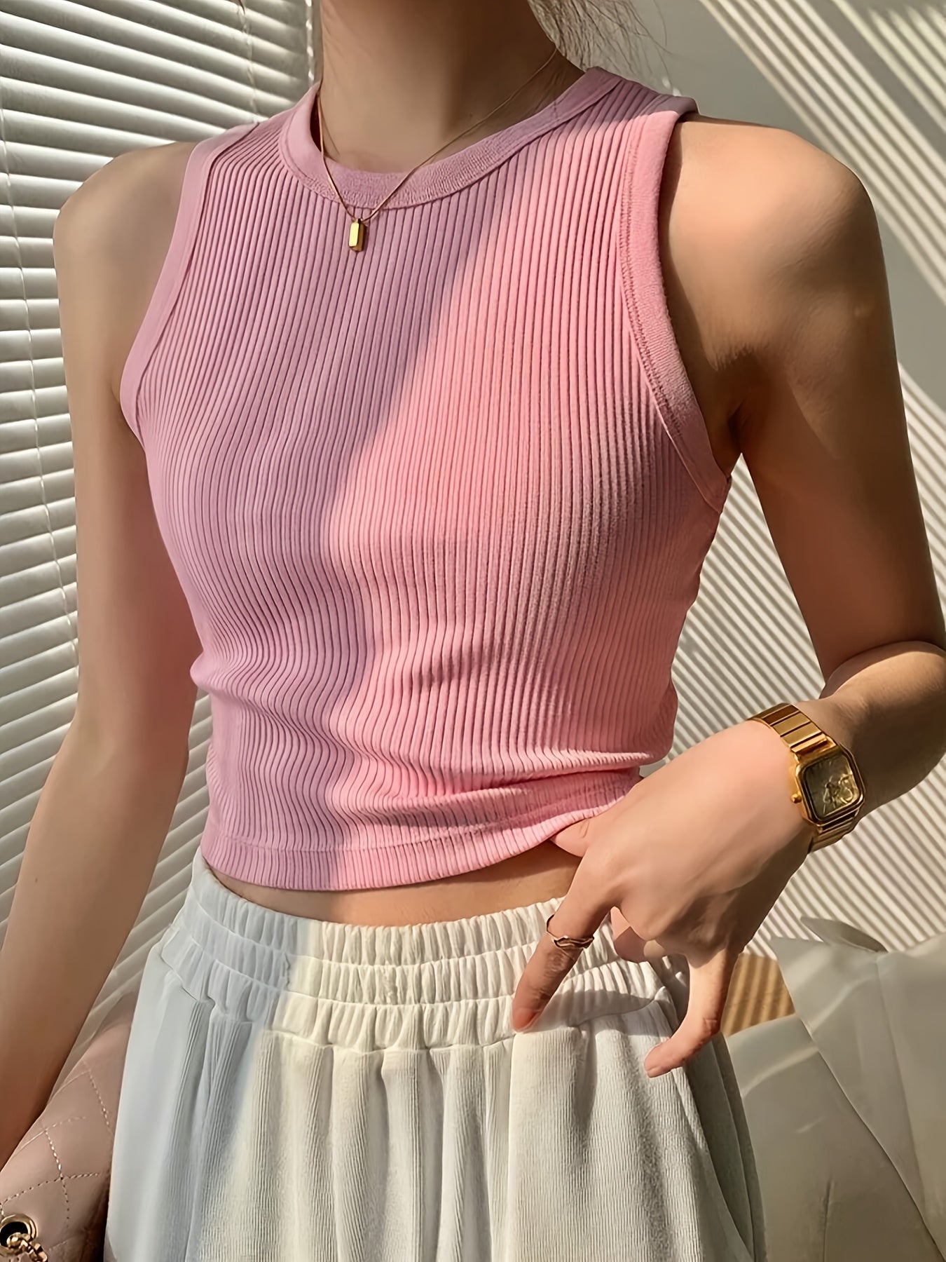 Effortless Ribbed Crop Top for Women with Crew Neck Sleeveless Racerback Fitted Tank Style