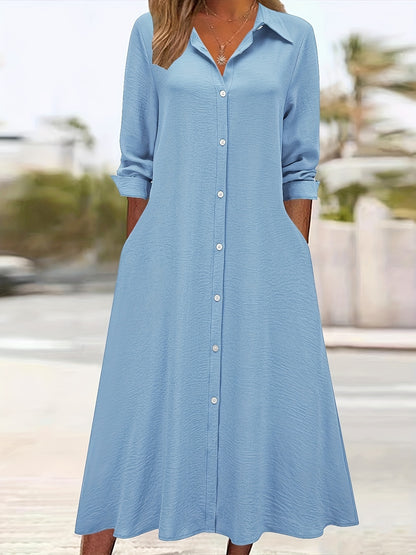 Effortless Linen Shirt Dress for Women with Collar V Neck Long Sleeve Button Front Flowing Style
