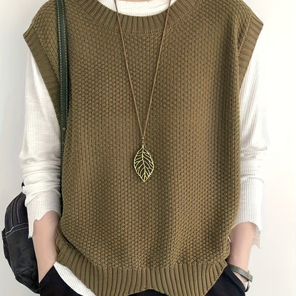 Comfortable Chunky Knit Sweater Vest for Women with Crew Neck Sleeveless Ribbed Trim Oversized Style