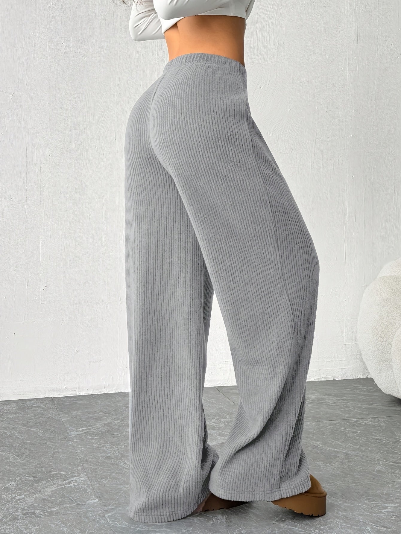 Effortless Ribbed Knit Wide Leg Pants for Women with High Waist Drawstring Relaxed Flowing Casual Style